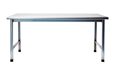 A pristine white table with metal legs stands gracefully against a minimalist white background