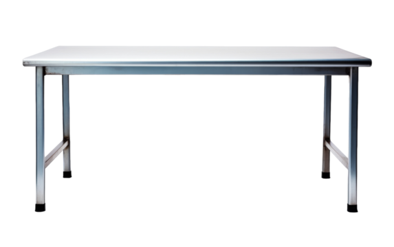 A pristine white table with metal legs stands gracefully against a minimalist white background