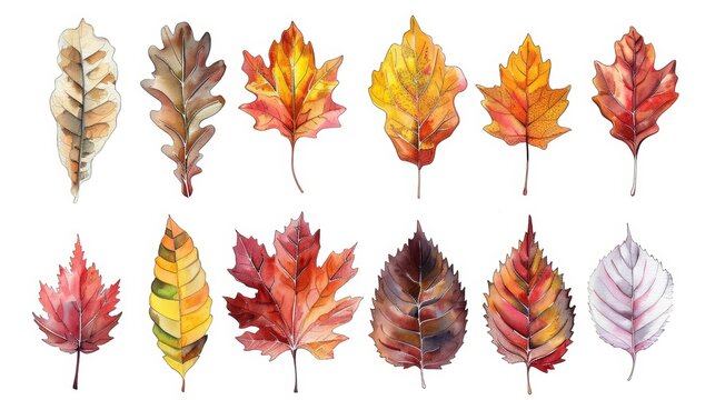 Autumn Leaf Watercolor Collection on White Background Generative AI