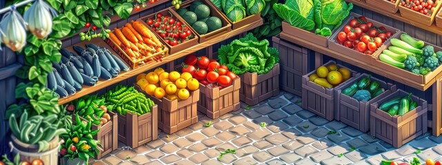 Isometric depiction of a summer farmer's market stall, with fresh produce on display - obrazy, fototapety, plakaty