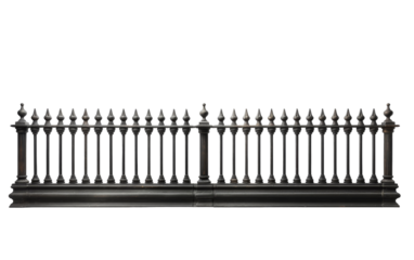 A black iron fence stands stark against a white background, casting haunting shadows