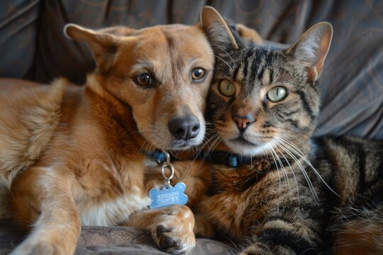 Dog and cat pose for photo with blank tags on collars