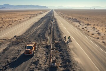 Highway construction in the desert, long straight road in the desert, High angle view on highway construction in a desertAi generated