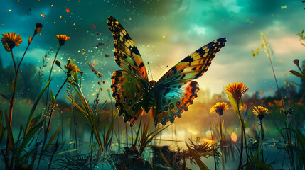 Fototapeta na wymiar Beautiful butterfly and nice flowers. Summer landscape