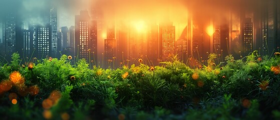 City skyline silhouette with radiant green urban meadow, dawn light, representing sustainable development - obrazy, fototapety, plakaty