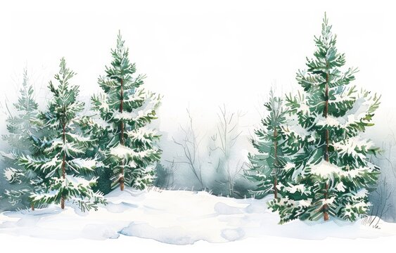 Winter Pine Trees Watercolor Art with Snowy Tops and White Background Generative AI
