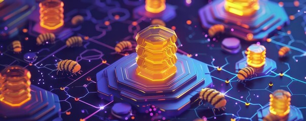 Whimsical, isometric cyber thieves caught in a sticky honey pot trap, surrounded by digital honey