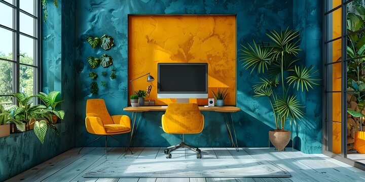 Modern Office Interior with Vibrant Colors, Computer Plants, and Bright Decor Perfect for Labor Day or Learning at Work Week. Concept Labor Day, Learning at Work Week, Modern Office Interior