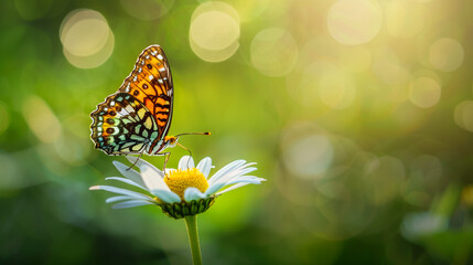 Fototapeta na wymiar Beautiful butterfly and tiny flowers on light blue background, bokeh effect. Awesome spring blossom