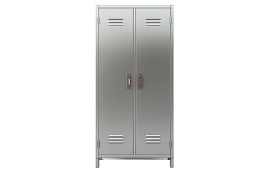 A tall metal locker with two doors standing guard in a dimly lit room