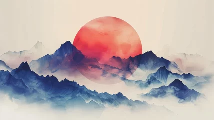Fotobehang Circular Landscape with Mountain Ranges in Watercolor Style Generative AI © Alex