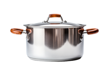 A stainless steel pot with elegant wooden handles sitting on a stove