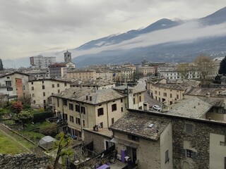Panoramic view of the mountain town - Sondrio, Lombardy, Italy. Springtime. Old city part.