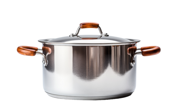 A stainless steel pot with elegant wooden handles sitting on a stove
