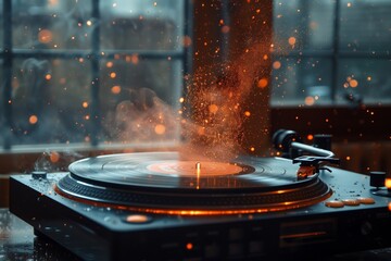 A dramatic scene of a turntable with sparks and smoke, creating an intriguing atmosphere of energy and dynamism. - obrazy, fototapety, plakaty