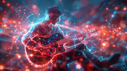 A man is playing a guitar in a colorful, abstract background. Concept of creativity and artistic expression, as the man's guitar playing is surrounded by a vibrant and dynamic visual environment