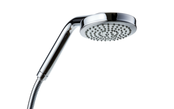 Two shower heads vertically stacked, spraying water droplets