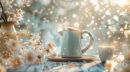 Delicate metallic kettle, soft pastel colors, spring mood