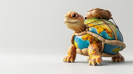A turtle is carrying a backpack and is standing on a white background. The turtle is the main focus of the image, and the backpack is the secondary element. Concept of adventure and travel