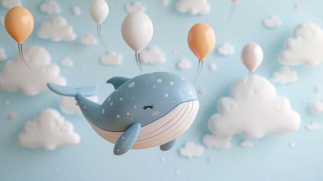A blue whale is flying through the sky with a bunch of balloons. The balloons are orange and white. The scene is whimsical and playful, with the whale being the main focus of the image