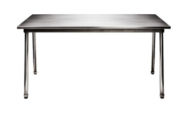 A stainless steel table stands proudly on a white background, reflecting light and exuding a sense of modern elegance