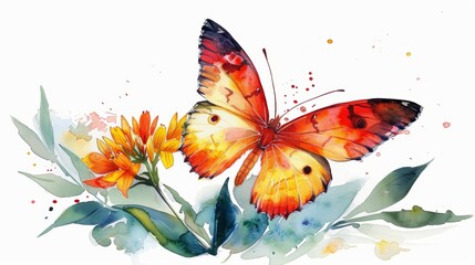 Charming Watercolor Butterfly on a Flower against White Background Generative AI