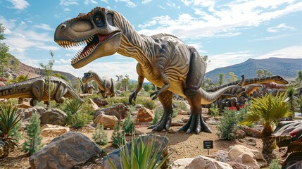 Dinosaur Park Adventure A prehistoric park filled with lifelike dinosaur sculptures towering fossils and interactive exhibits  AI generated illustration