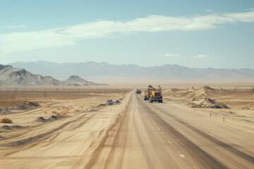 Fototapeta na wymiar Highway construction in the desert, long straight road in the desert, High angle view on highway construction in a desertAi generated