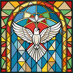 White Dove, Holy Spirit, Stained Glass window in Antibes Church, Holy Christianity vector illustration