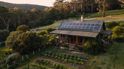 EcoFriendly Farmstead Cinematic shots of a selfsufficient farmstead powered by renewable energy with passive solar design rainwater catchment  AI generated illustration