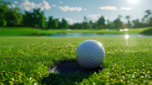 Golf sport and leisure in nature, golf club course. Golfball on green lawn grass, landscape with trees and a small pond, blue sky background. 3d illustartion
