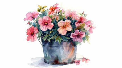 Charming Watercolor Painting: Metal Bucket with Flowers on White Background Generative AI