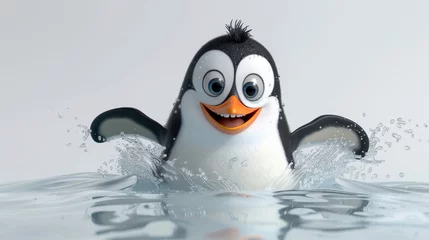 Poster A cartoon penguin is splashing in the water with a big smile on his face. The scene is lighthearted and fun, with the penguin enjoying himself as he plays in the water © Sodapeaw