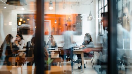 Employees convene in a modern office setting their faces blurred  AI generated illustration