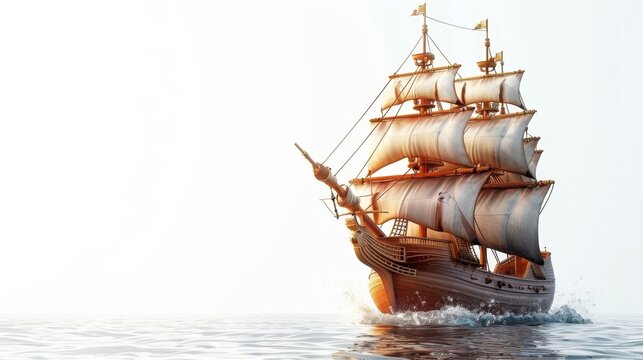 A large ship sails through the ocean with a white background. The ship is the main focus of the image, and it is moving quickly through the water. Concept of adventure and excitement