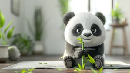 Tafelkleed A cartoon panda bear is sitting on a rug and holding a bamboo stick. The bear has a happy expression on its face, and the scene is bright and cheerful © Sodapeaw