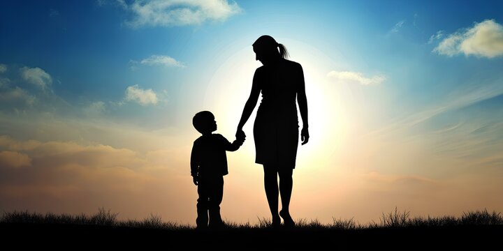 Radiant Mother-Son Silhouette Holding Hands: Honor Motherhood with this Touching Illustration