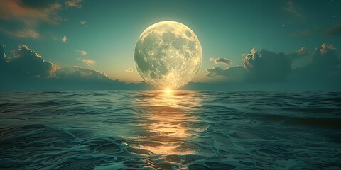A large moon is reflected in the water of the ocean