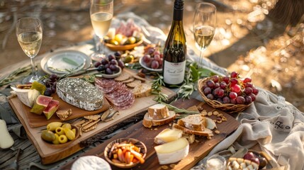 Epicurean Escapes Detailed photographs of epicurean escapes delivered featuring curated picnic baskets wine and cheese pairings and gourmet spreads  AI generated illustration