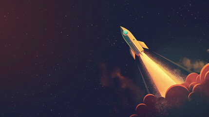 Vector art rocket ship flying in the starry sky, dynamic lines, simplified and modern design