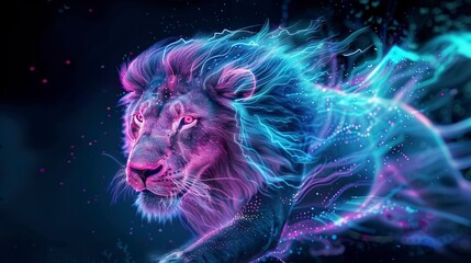 Lion, abstract neon background.