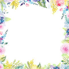 Frame with Yellow mimosa. Spring wreath of the brightest different colorful flowers. Hello Spring . hand drawing. Not AI,