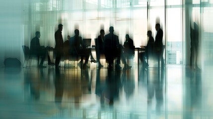 Executives converse in a conference room their identities obscured by blurriness  AI generated illustration - obrazy, fototapety, plakaty