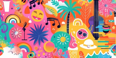 vibrant and colorful flat design featuring various summer elements atmosphere of fun and excitement for festival activities Generative AI