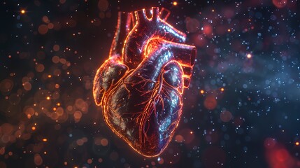 Human heart, abstract neon background.