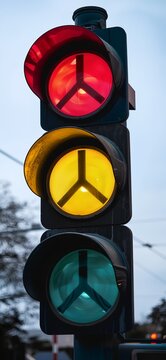 Traffic light with Peace symbols.