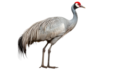 A majestic bird with a fiery red head and graceful long legs standing tall