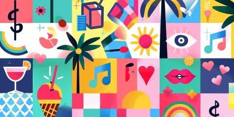 A vibrant and colorful flat design featuring summer elements like palm trees, ice cream cones, music notes, flowers, suns, rainbows, lips with cocktail glasses Generative AI
