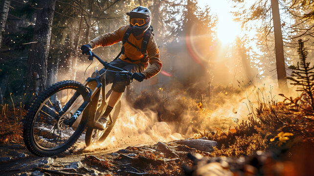 Sport and adventure concept, mountain biker riding downhill at sunset, extreme sport background, nature