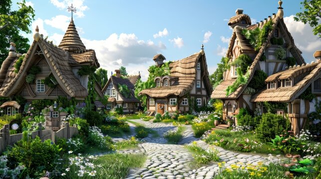 Fairy Tale Village A charming D village straight out of a fairy tale with thatched cottages cobblestone streets and friendly  AI generated illustration
